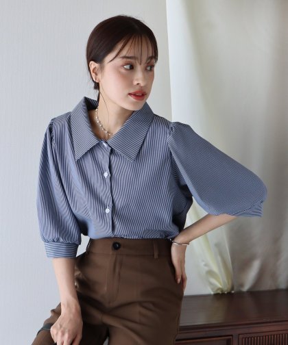 【SALE】パフスリーブストライプ＆無地シャツ【ネコポス】
