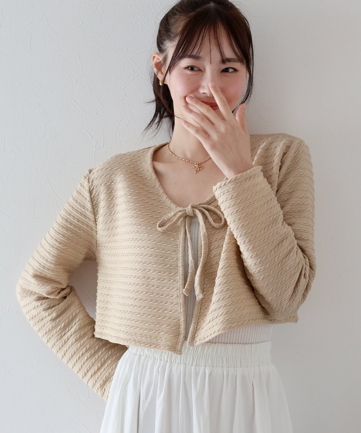 【SALE】ケーブル柄リボンカーディガン