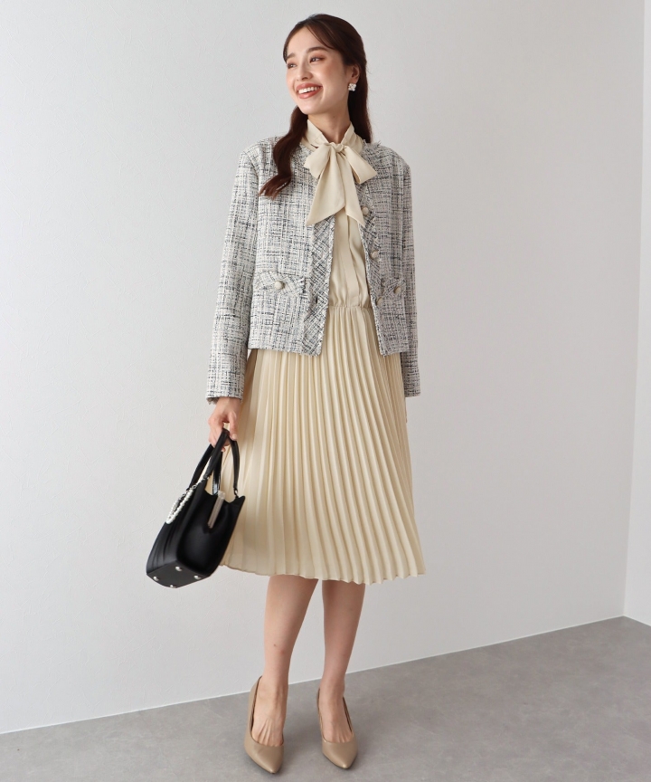 【SALE】ミックスツイードノーカラージャケット×ボウタイプリーツシフォンワンピースセレモニー2点セット 【SALE】ミックスツイードノーカラージャケット×ボウタイプリーツシフォンワンピースセレモニー2点セット