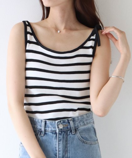 【SALE】ショルダーリボンボーダーキャミソール【ネコポス】 【SALE】ショルダーリボンボーダーキャミソール【ネコポス】