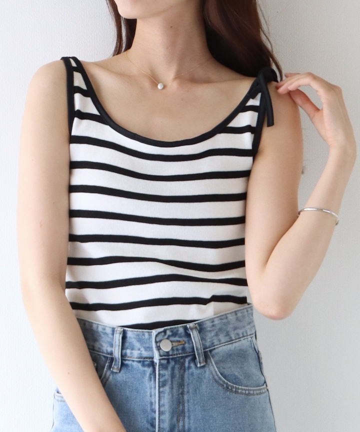 【SALE】ショルダーリボンボーダーキャミソール【ネコポス】