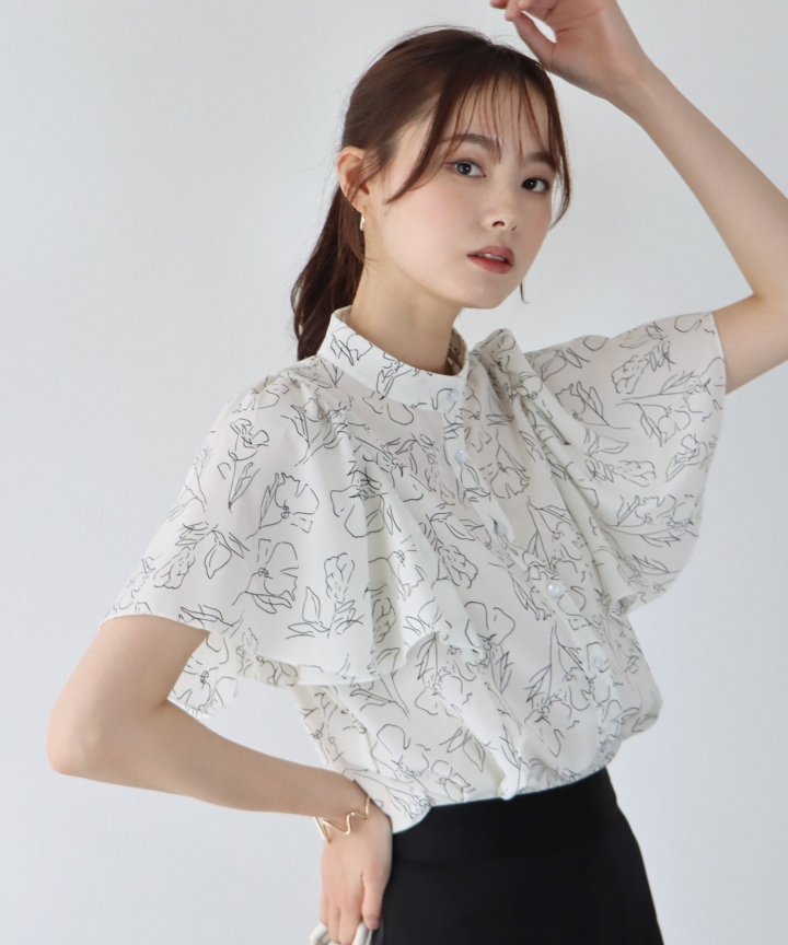【SALE】花柄フレアケープスリーブブラウス【ネコポス】