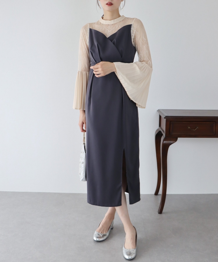 【SALE】プリーツスリーブIラインパーティードレス