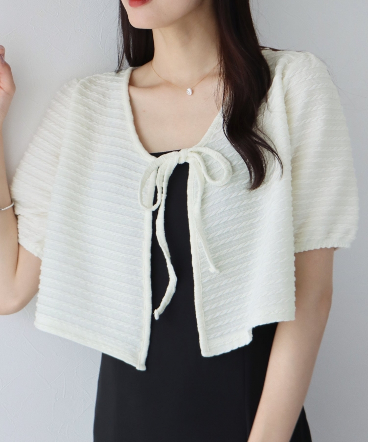 【SALE】半袖ケーブル柄リボンカーディガン 【SALE】半袖ケーブル柄リボンカーディガン