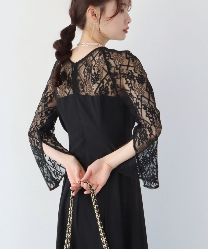 【SALE】レーススリットスリーブロング丈パーティードレス