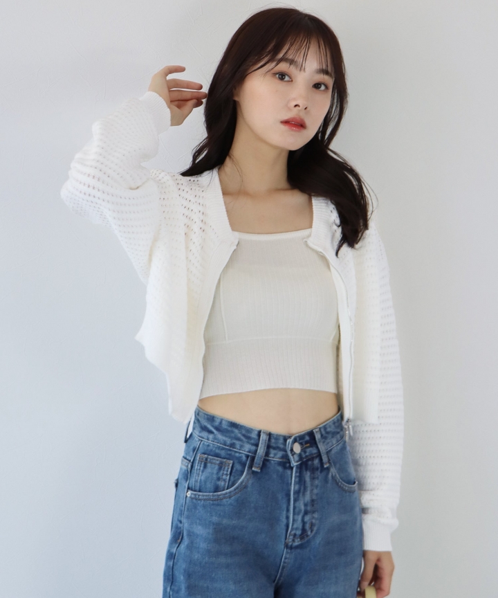 【SALE】2WAYジップメッシュニットカーディガン