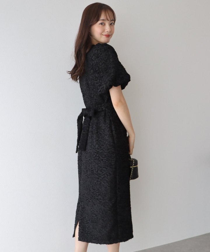 バルーンスリーブ オーガンジー袖&ジャガード＆ベロアワンピース