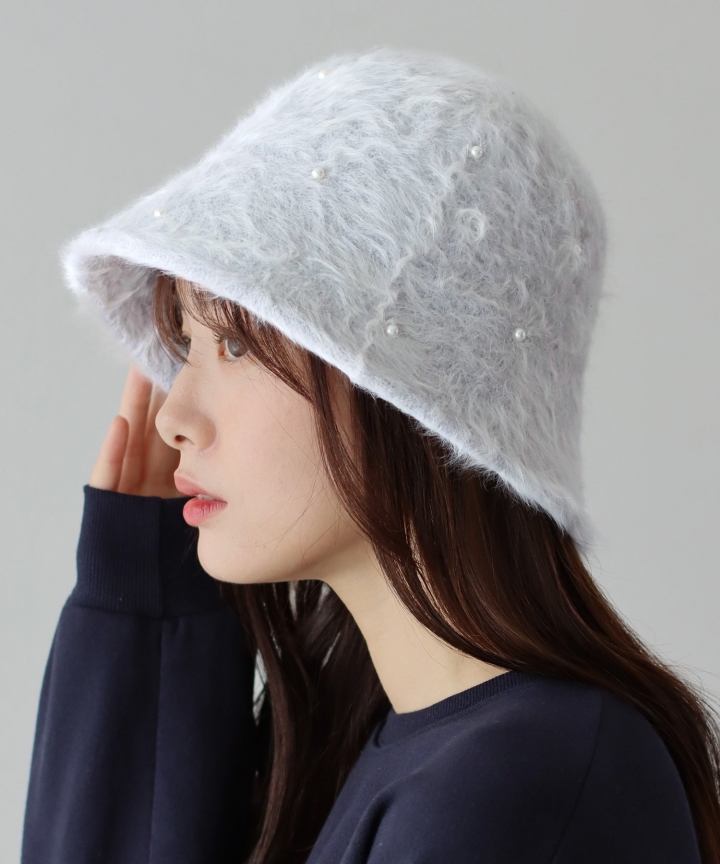 パール付きファーバケットハット