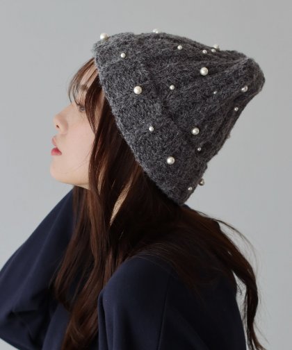 【SALE】パール付きリブニット帽