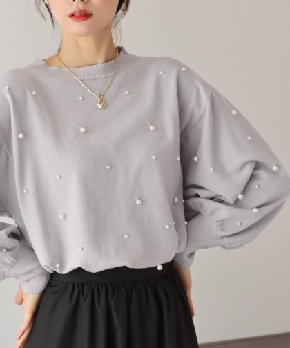 【SALE】パール付きボリューム袖ニット