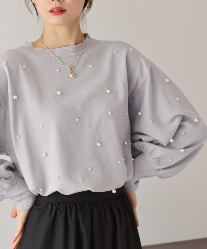 【SALE】パール付きボリューム袖ニット