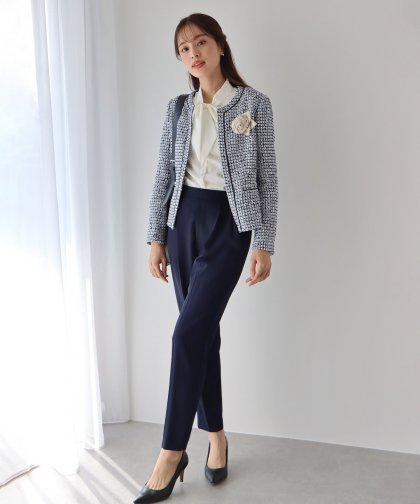 【SALE】ミックスツイードノーカラージャケット×テーパードパンツ セレモニー2点セット