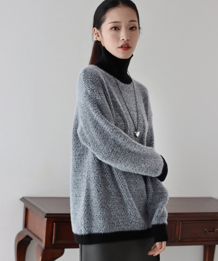【SALE】配色タートルシャギーニット