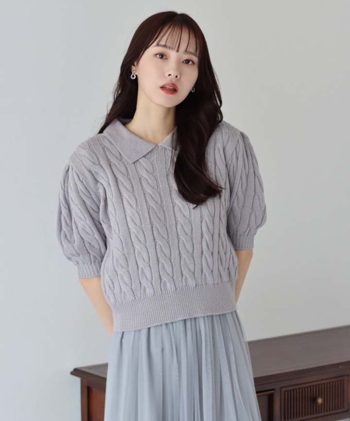 【SALE】半袖カラーケーブルニット 【SALE】半袖カラーケーブルニット