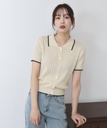 【TIME SALE】すかし編みポロ襟ニット【ネコポス】 【TIME SALE】すかし編みポロ襟ニット【ネコポス】