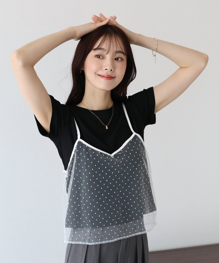 【SALE】フロッキードットチュールキャミ+Tシャツ セット