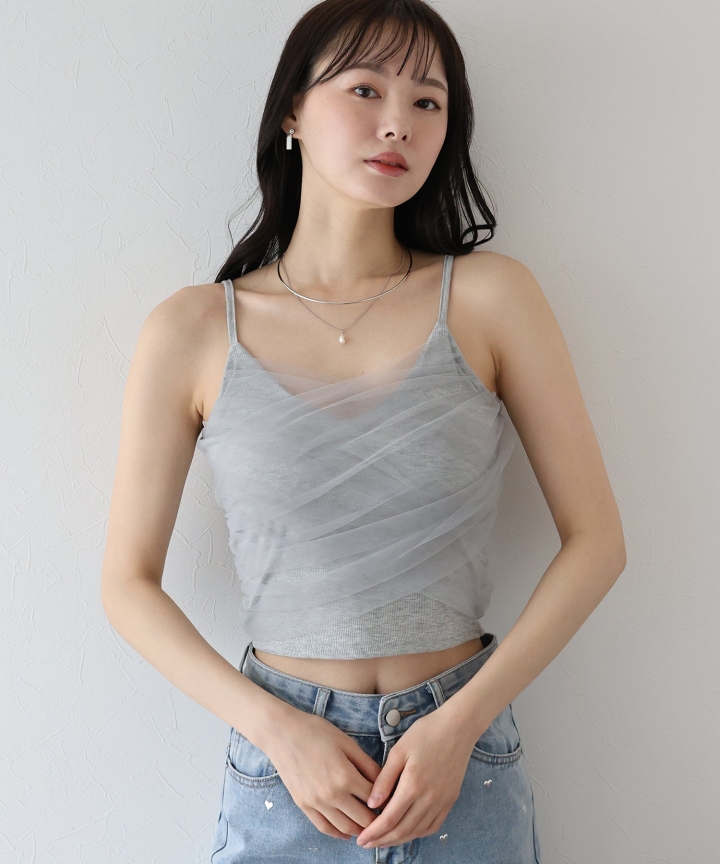 【SALE】カップ付きチュールレイヤードキャミソール【ネコポス】 【SALE】カップ付きチュールレイヤードキャミソール【ネコポス】
