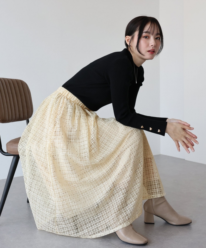 【SALE】ツイード風シアーチェックフレアスカート