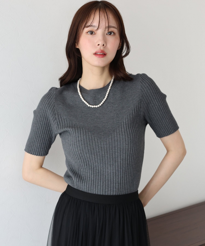 【TIME SALE】切替デザイン半袖リブニット【ネコポス】