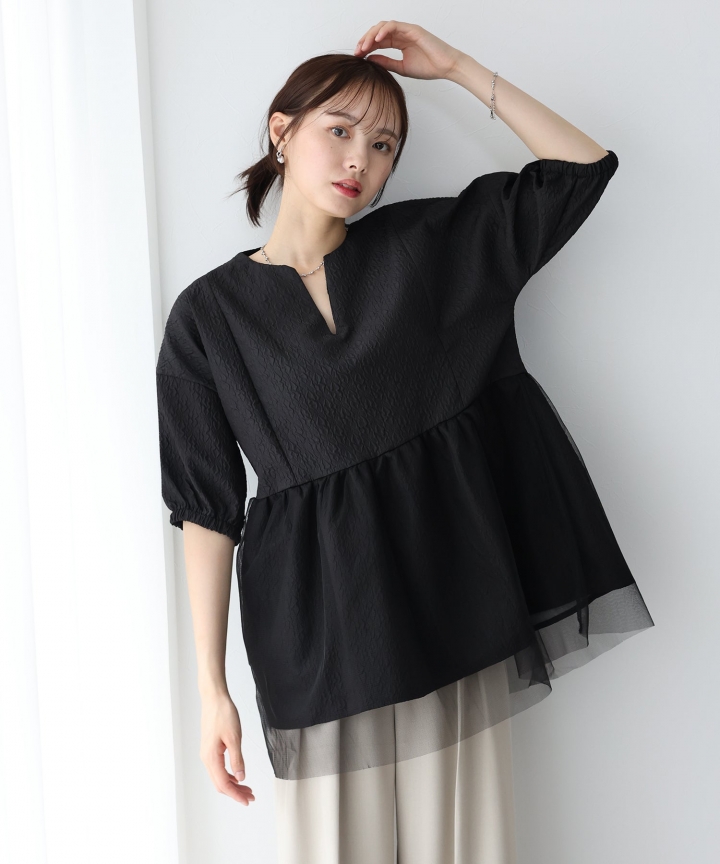 【SALE】チュール重ねジャガードブラウス 【SALE】チュール重ねジャガードブラウス