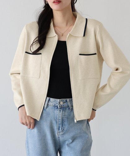 ジップポロ襟ニットカーディガン ジップポロ襟ニットカーディガン