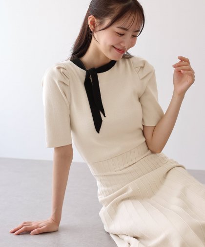 【SALE】配色リボンニットワンピース 【SALE】配色リボンニットワンピース
