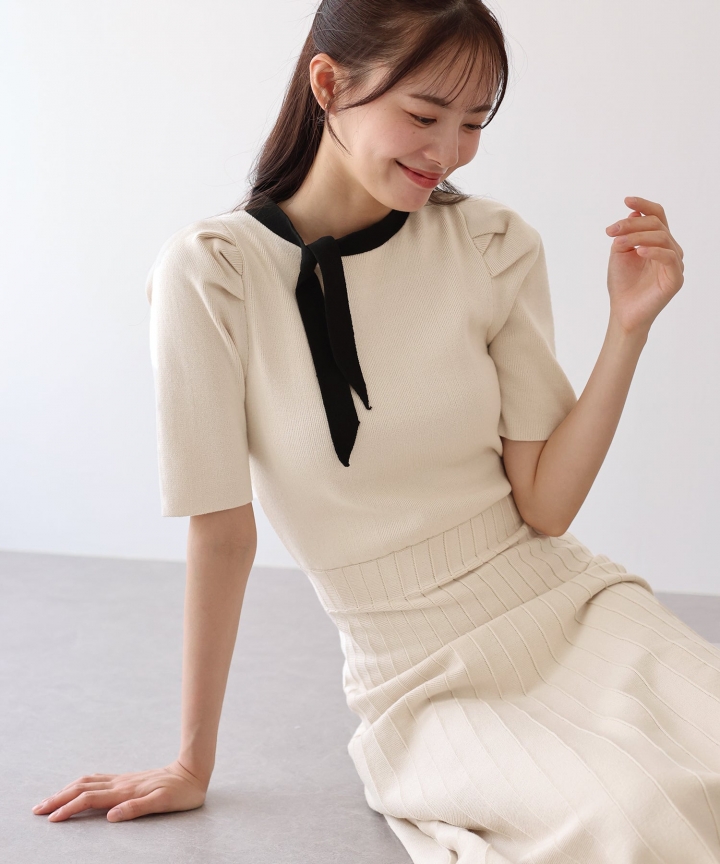【SALE】配色リボンニットワンピース