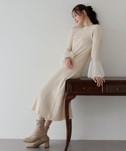 【SALE】チュールカフスニットワンピース 【SALE】チュールカフスニットワンピース