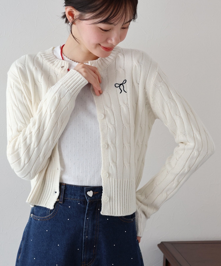 【TIME SALE】リボン刺繍ケーブルニットカーディガン