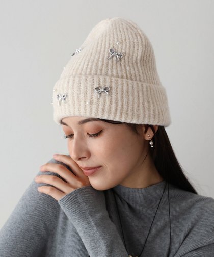 【SALE】パールリボンニット帽