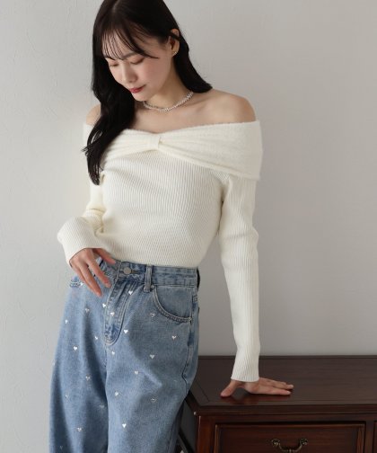 【TIME SALE】シャギーリボンオフショルニット 【TIME SALE】シャギーリボンオフショルニット