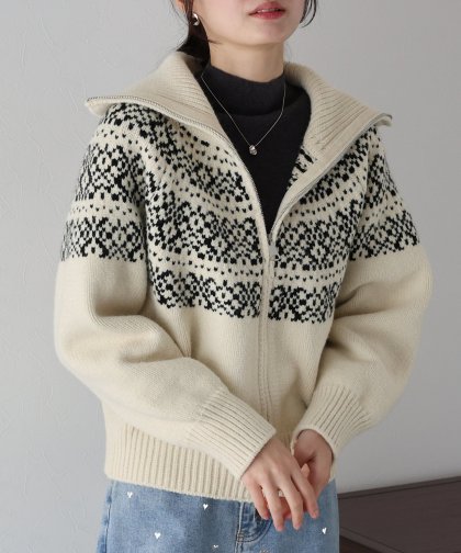 【TIME SALE】フロントジップノルディック柄ニット 【TIME SALE】フロントジップノルディック柄ニット