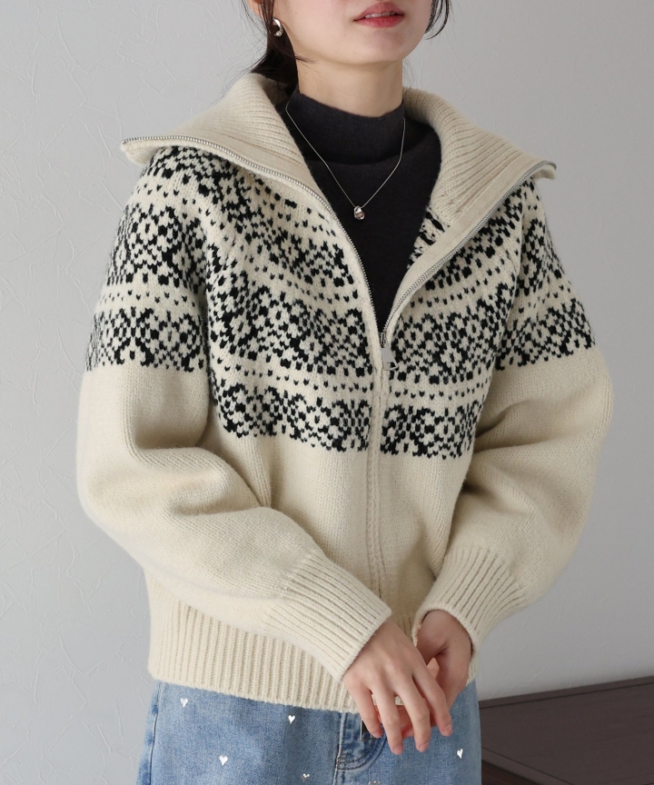 【TIME SALE】フロントジップノルディック柄ニット