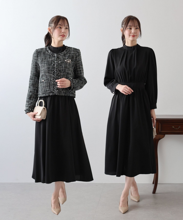 【SALE】ミックスツイードノーカラージャケットｘスタンドカラータックワンピース