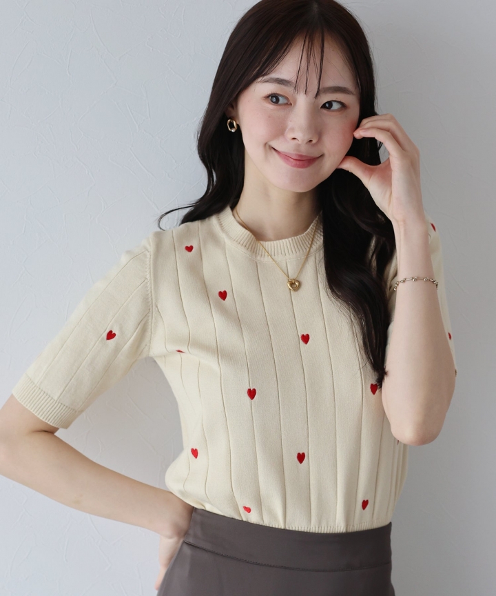 【SALE】ハート刺繍ワイドリブニット【ネコポス】