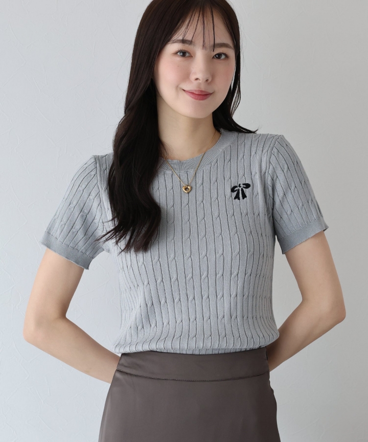 【SALE】リボン刺繍ケーブルニット【ネコポス】