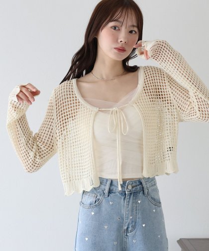 【SALE】リボンメッシュニットカーディガン 【SALE】リボンメッシュニットカーディガン