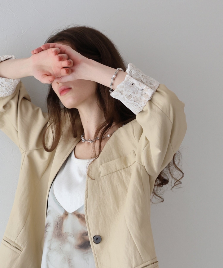 【SALE】レース切替ノーカラーレザージャケット[J by blue]