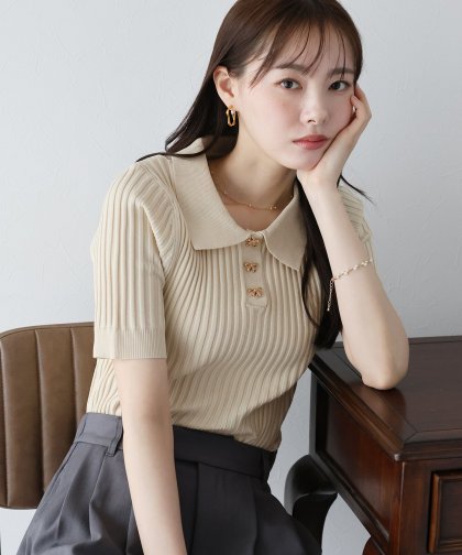 【TIME SALE】リボンボタンポロ衿ニット 【TIME SALE】リボンボタンポロ衿ニット