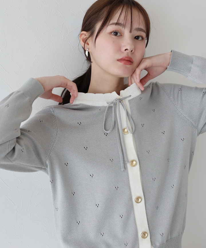 【SALE】透かしリボン配色カーディガン