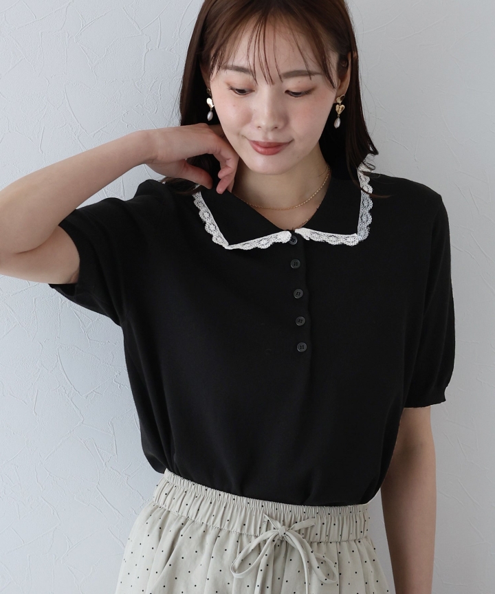 レース襟ニットトップス