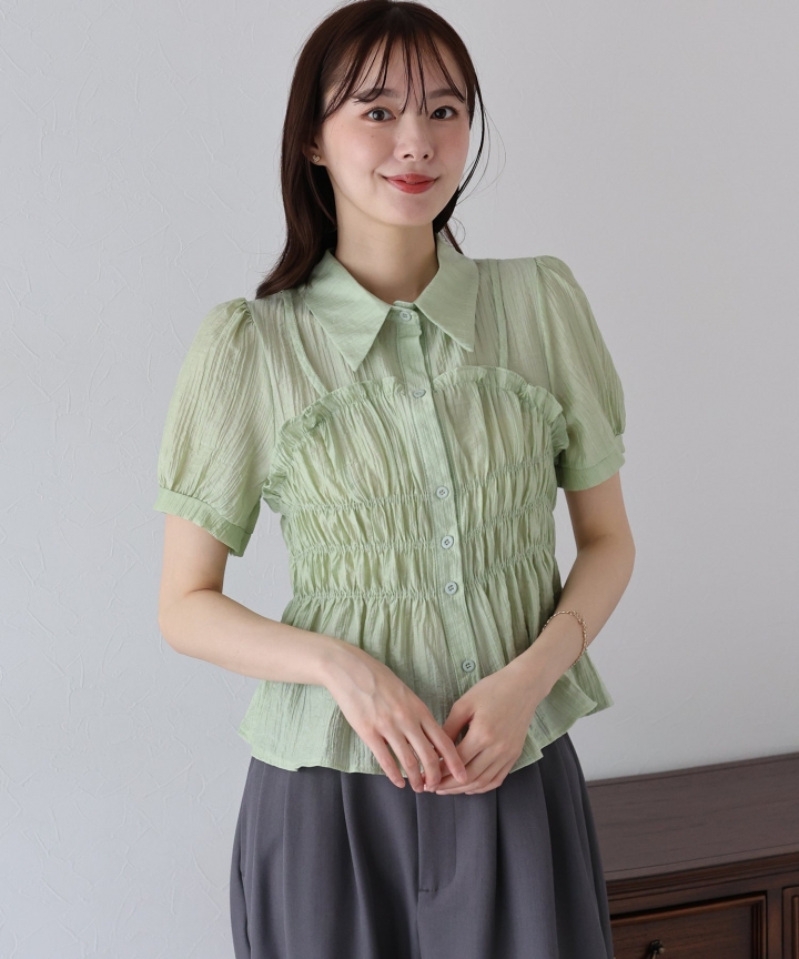 【TIME SALE】シャーリングビスチェレイヤードシアーシャツ【ネコポス】