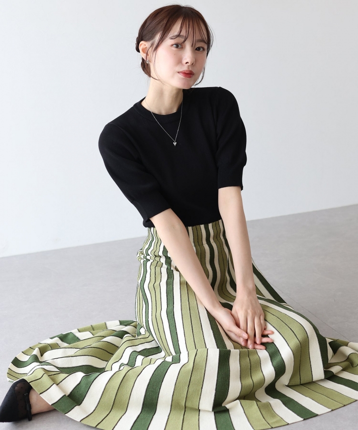 【SALE】配色ストライプニットスカートドッキングワンピース