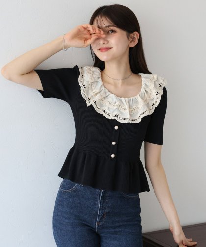 【TIME SALE】エンブロイダリーレース半袖ペプラムニット 【TIME SALE】エンブロイダリーレース半袖ペプラムニット