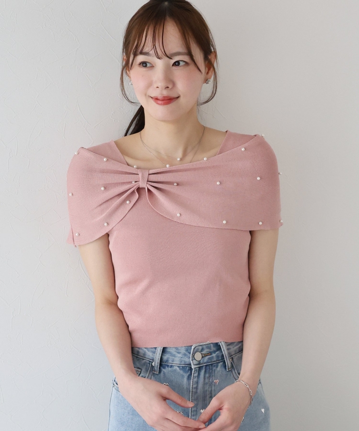 【SALE】パールリボンオフショルニット