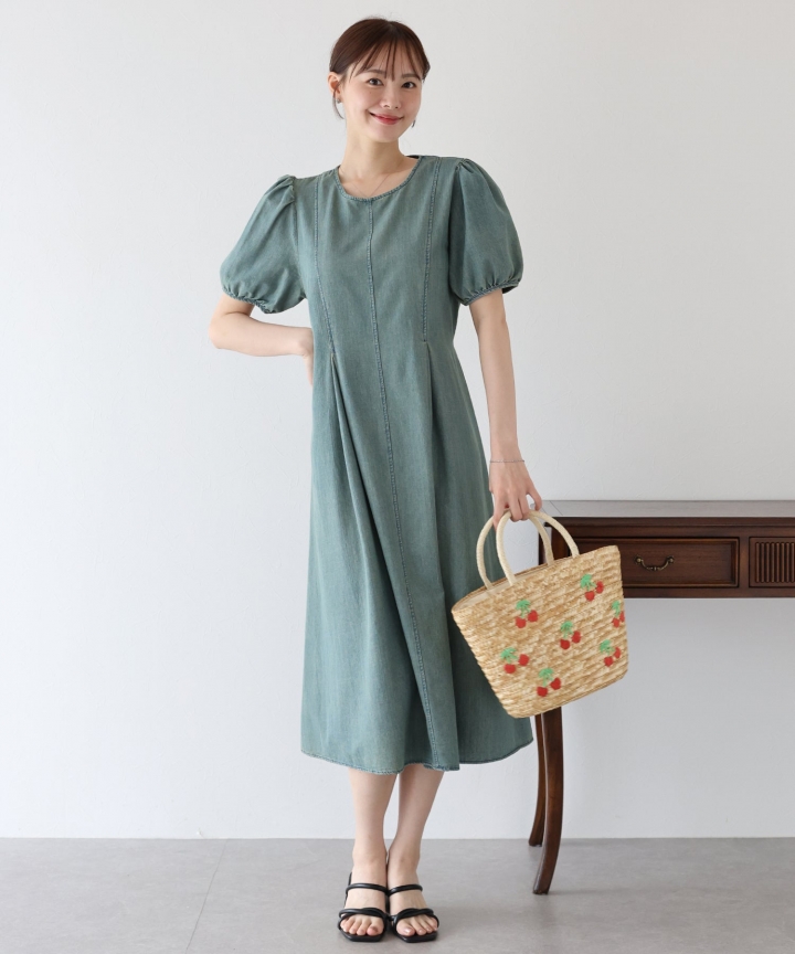 パフスリーブデニムワンピース パフスリーブデニムワンピース