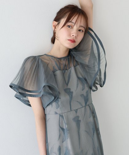 【TIME SALE】フリルスリーブフロッキードレス 【TIME SALE】フリルスリーブフロッキードレス