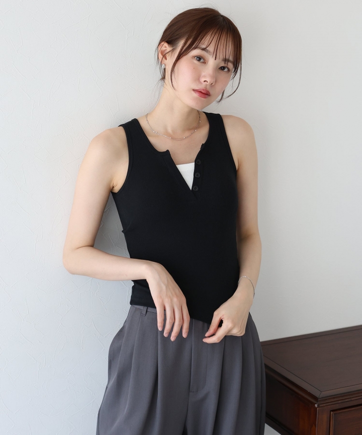 【SALE】カップ付ヘンリーネックタンクトップ【ネコポス】