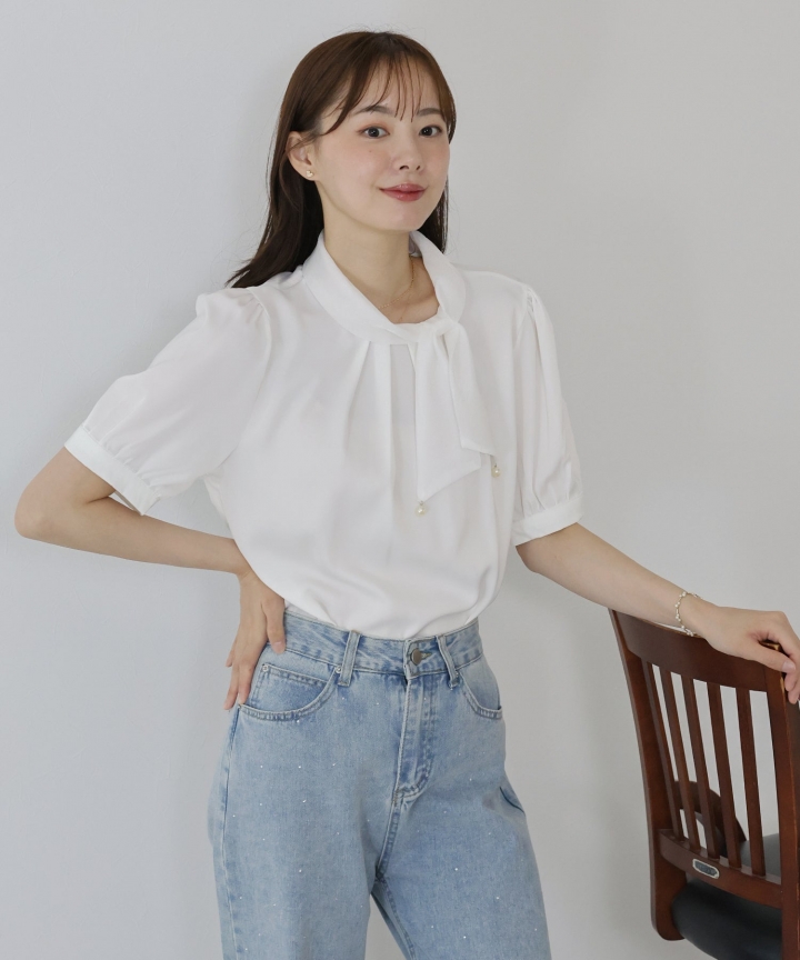 【SALE】パール付きボウタイブラウス