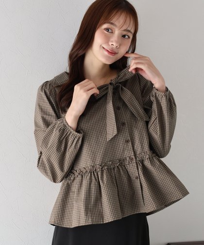 【TIME SALE】チェックリボンペプラムブラウス【ネコポス】